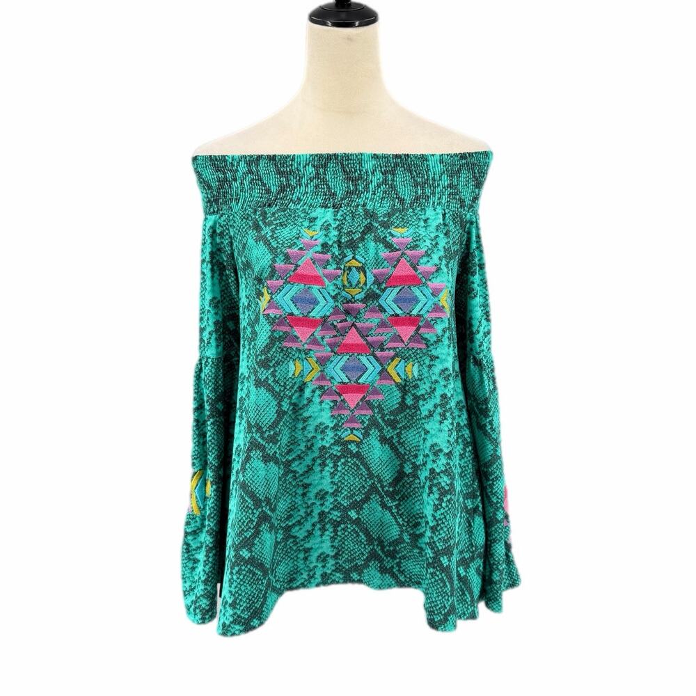 Judith March Teal Black Snake Print Off the Shoulder Boho Embroidered Blouse Top